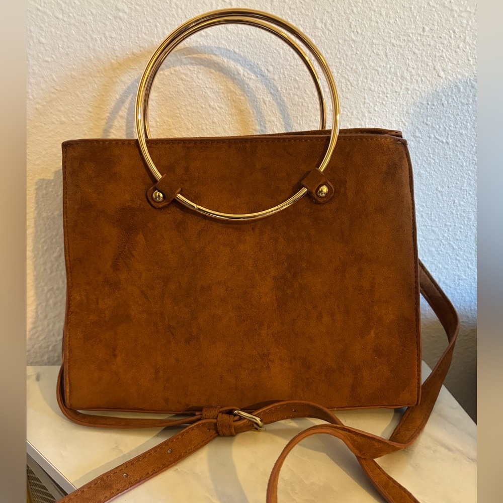 Brown Suede Crossbody Bag with Gold Ring Handles